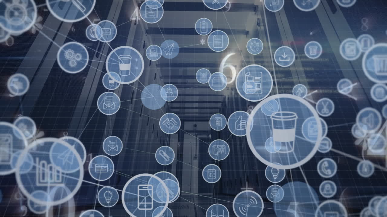 animación del globo de iconos digitales y símbolos matemáticos contra la sala del servidor de la computadora