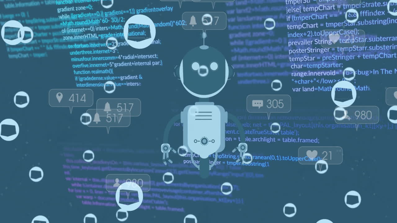 Animation of cube in circles, notification bars and flying robot over computer language