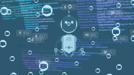 animación de cubo en círculos, barras de notificación y robot volador en lenguaje informático