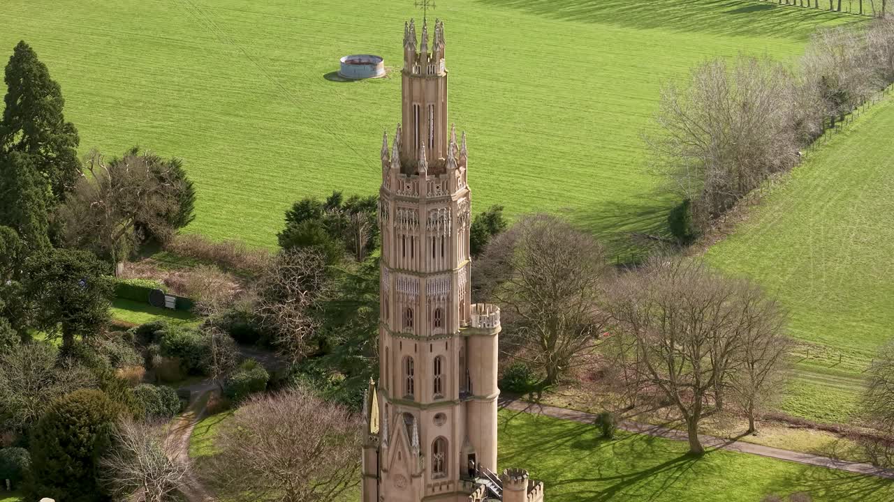 Aerial view of Hadlow Tower in Kent, England, Gothic Revival architecture, historic heritage