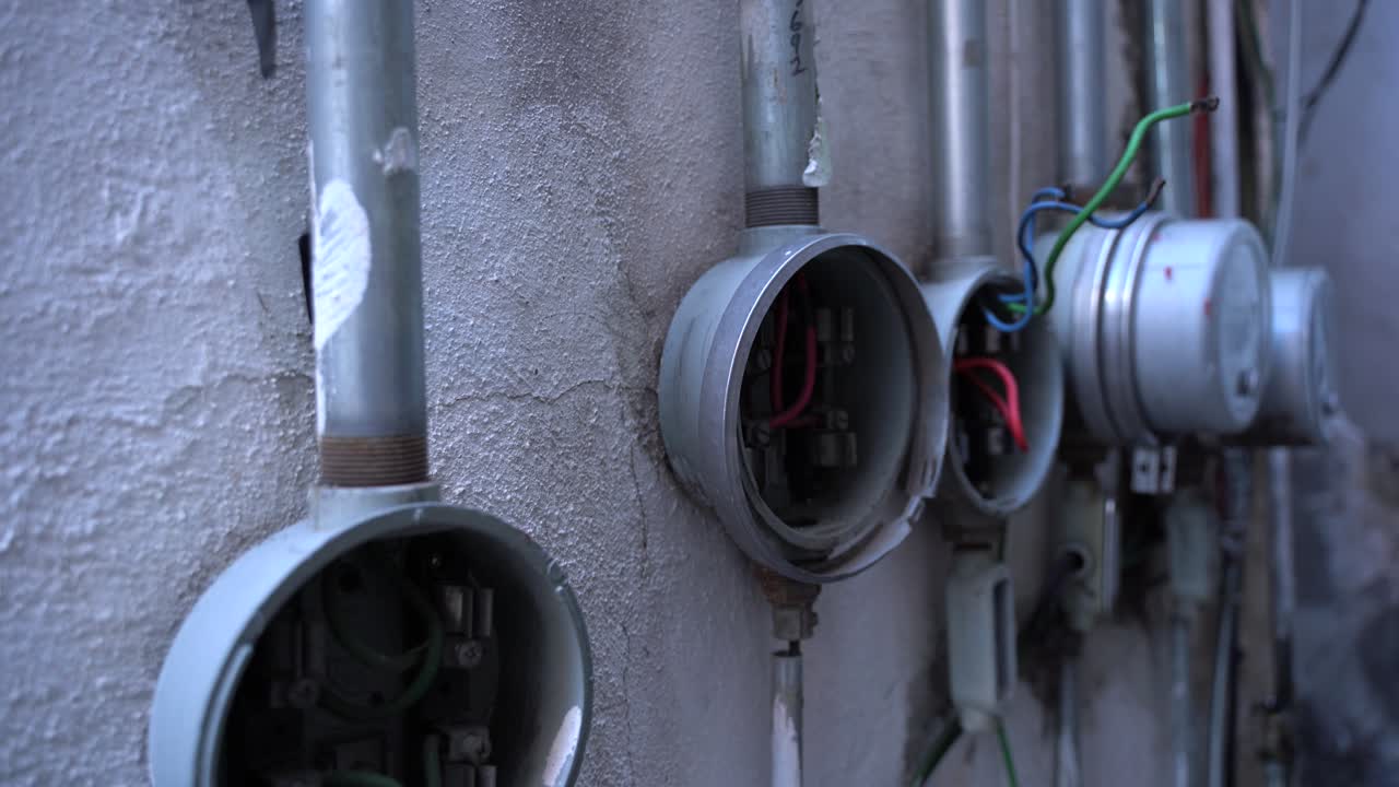 contadores fuera de algunos edificios en una zona destartalada en méxico