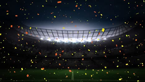 Animation-of-confetti-floating-over-sports-stadium-at-night