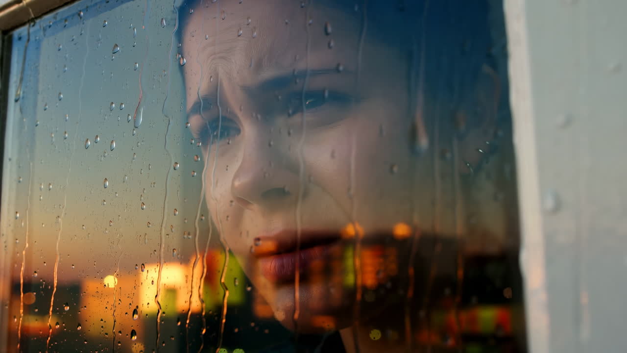 Giovane donna che guarda attraverso una finestra bagnata dalla pioggia, skyline della città che brilla al tramonto, goccioline d'acqua che scendono