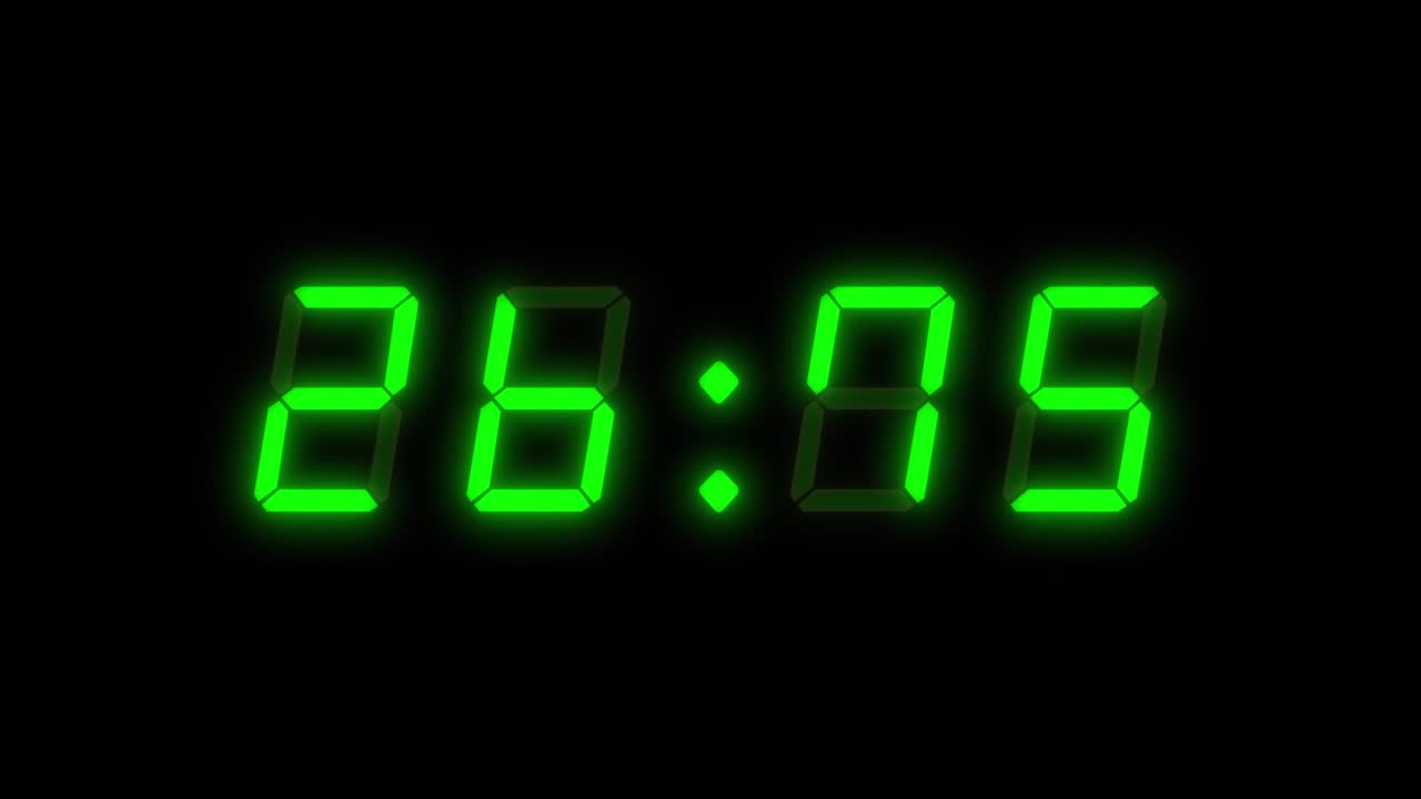 A four digit, 30 second digital clock counting down. Green integers on a black background. Retro digital alarm clock with glow
