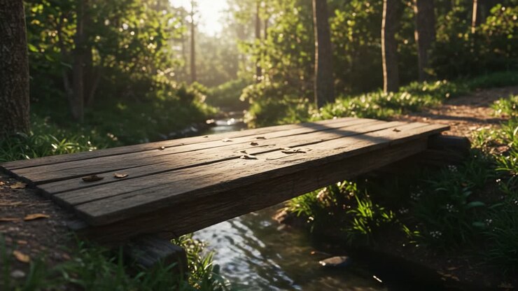 Sereno ponte di legno su un ruscello delicato in una foresta lussureggiante – Una tranquilla scena naturale che evoca mattine pacifiche con la luce del sole che filtra tra le foglie.