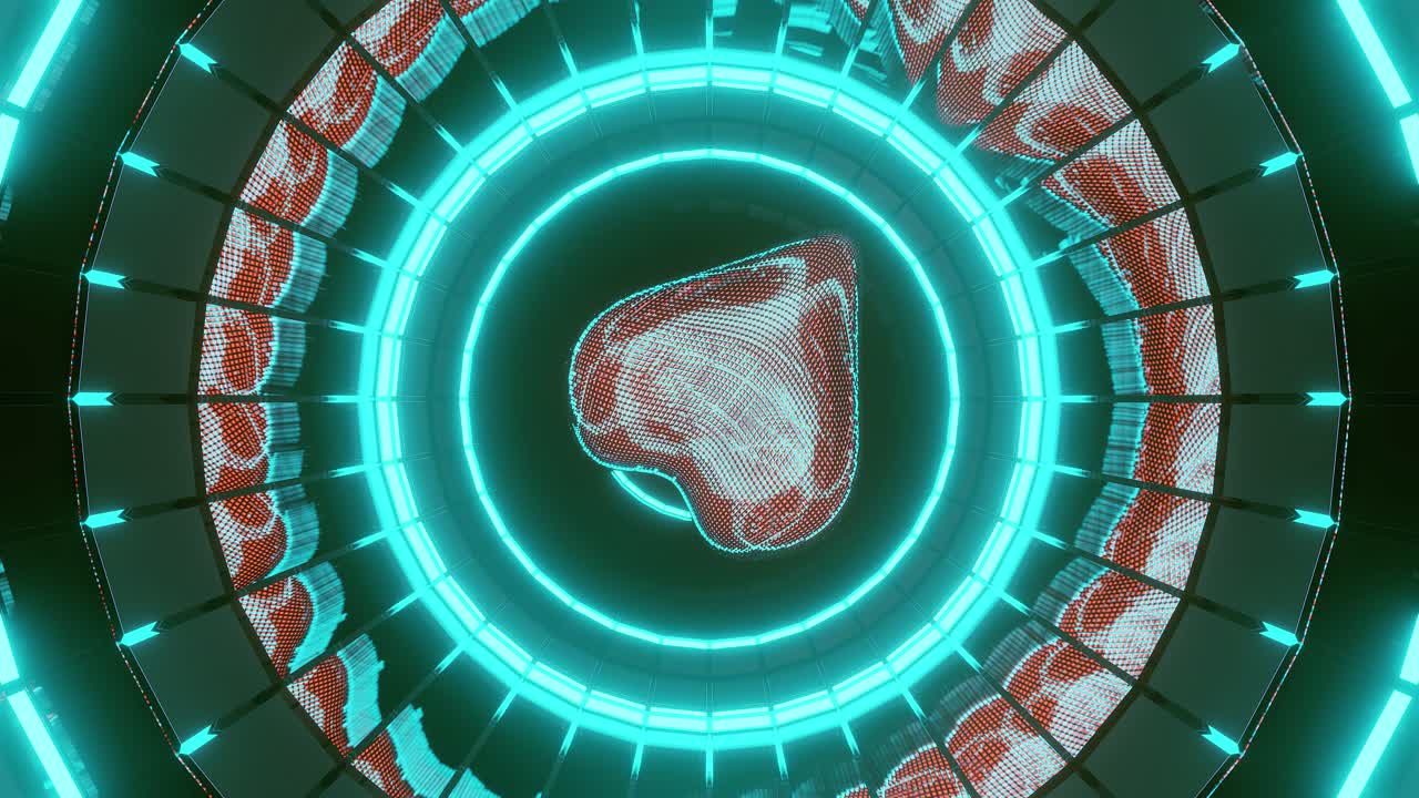 corazón rojo girando en círculos de apertura verdes, renderizado en animación gráfica 3d