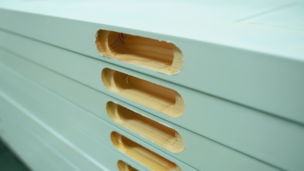 Manufacturing of doors. Pile of wooden doors in workshop. Holes in boards during furniture production. Door industry.