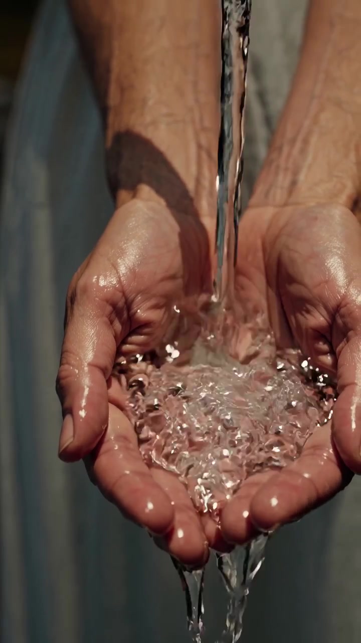Primer plano de agua clara vertiéndose en manos humanas ahuecadas