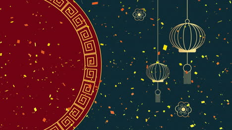 animación de decoraciones tradicionales chinas y confeti sobre un fondo oscuro.