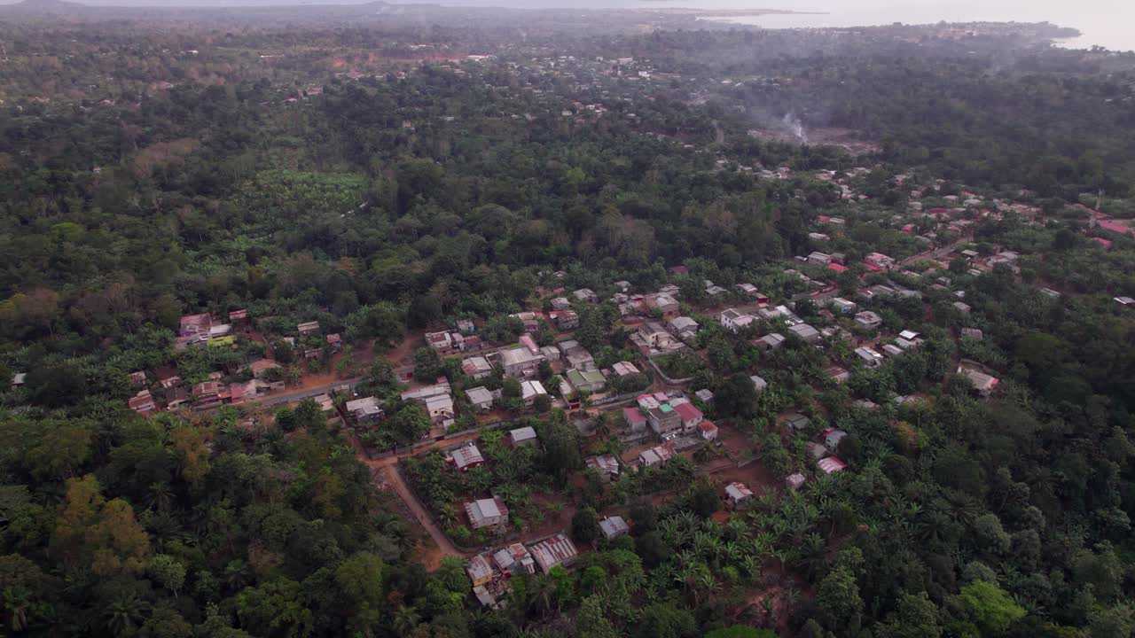 Aerial view of São Tomé Countryside with buildings and road