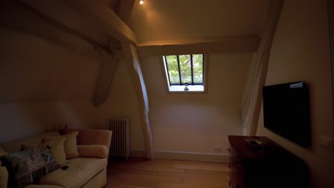 nicely decorated indoor household, reveling footage from window thought living area to bathroom, stylishly furbished wooden furniture, french style house design