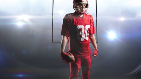 Animation-of-male-american-football-player-holding-ball,-over-goalposts-at-floodlit-stadium