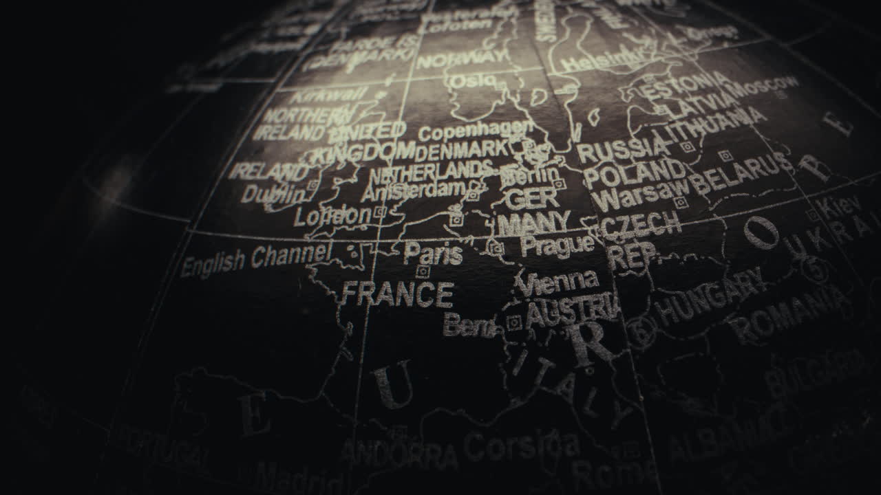 Close-up of a vintage world globe focusing on Europe