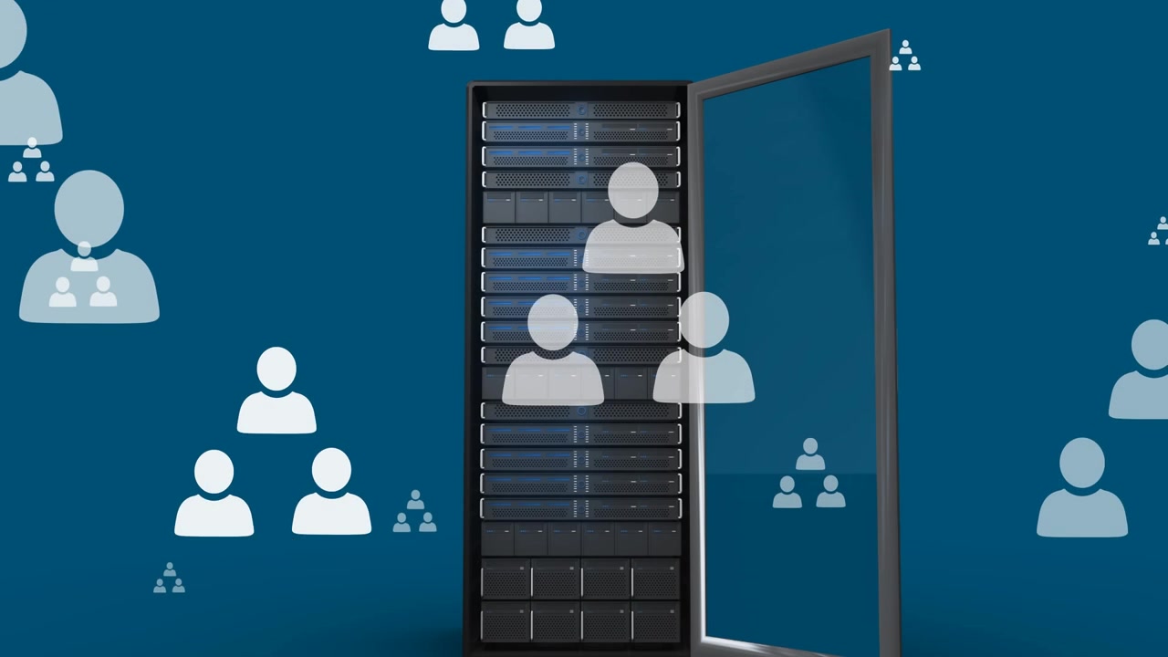 Animazione di icone di social media su un server.