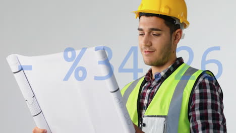 Animation-of-plus,-minus,-percentile-symbols,-caucasian-engineer-wearing-helmet-looking-at-blueprint