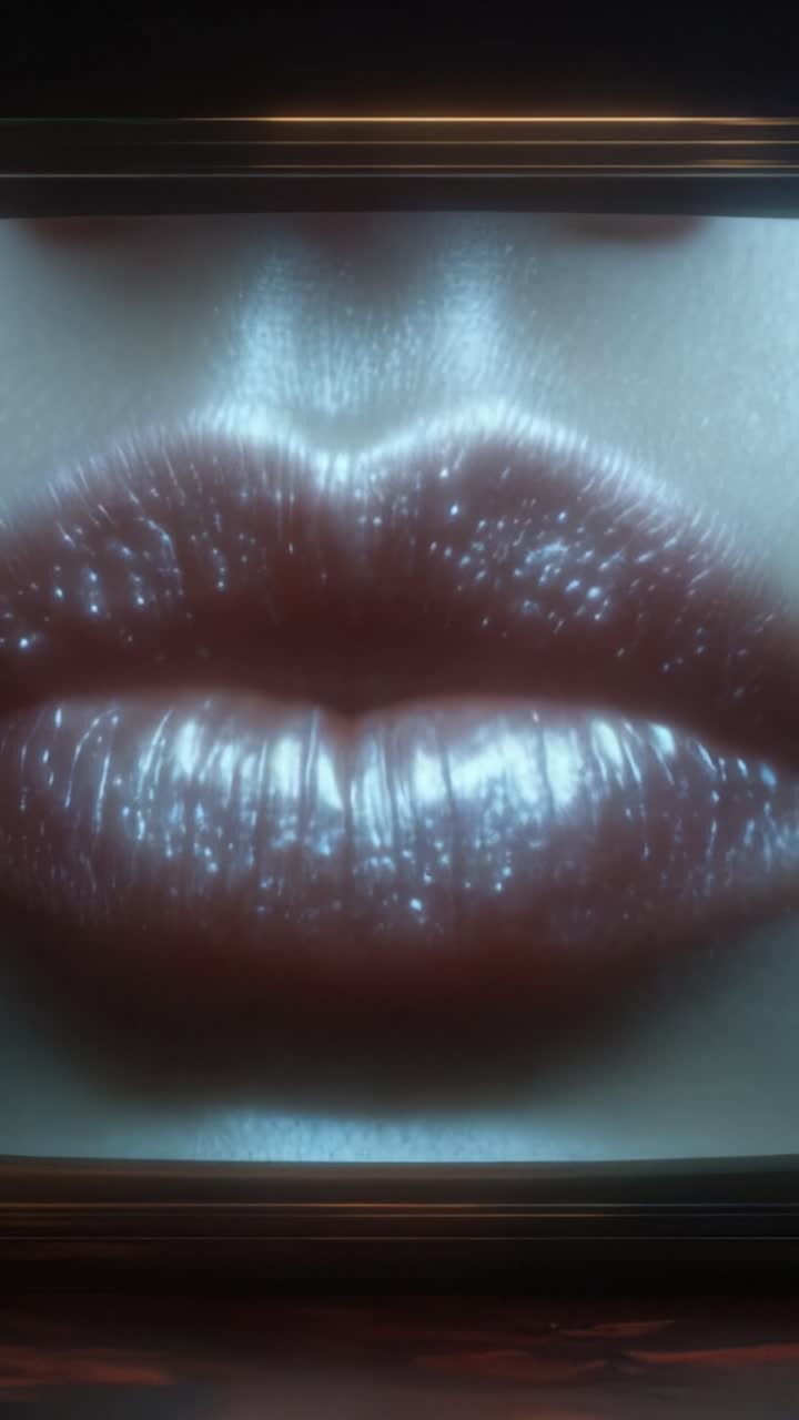 Primo piano mozzafiato di labbra lucide che evidenzia la texture radiosa e la lucentezza in una vivida esposizione di colore e luce in due inquadrature accattivanti.