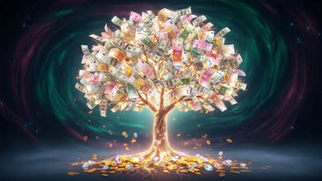 a stunning illustration of a money tree filled with vibrant currency notes and glittering coins, symbolizing wealth, prosperity, and abundance in a magical atmosphere