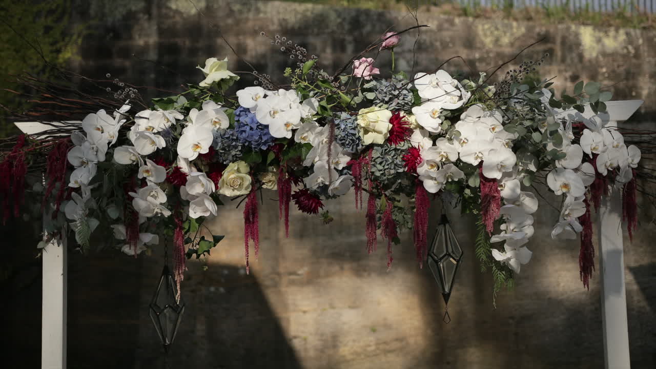 Orchid - rose floral arch, red, white - blue tones