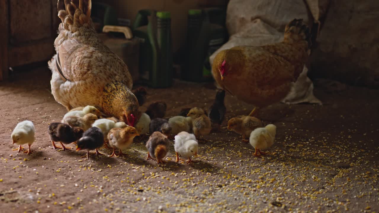comiendo maíz, pollitos multicolores caminando con la madre, aves de corral dulces, familia de pollos