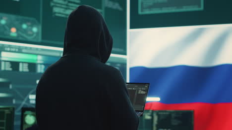 dishonest person in a russian cyber security room hacking systems