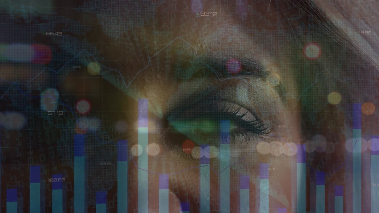 Animation of graphs, road traffic and dots over face of caucasian woman