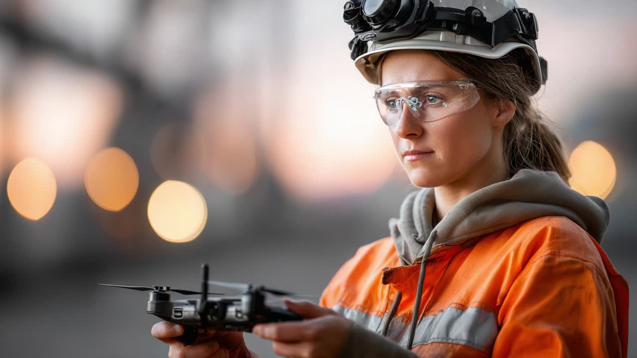 Female Engineer Operating Drone on Construction Site