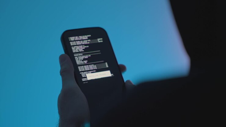 Hacker holding smart phone with malware app installing on device illegal activity spying code. Dark web. Criminal using mobile to gather information with program virus and suspicious remote access