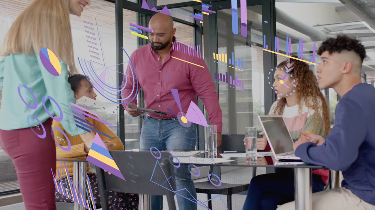 Business team shifting to focused discussion, man entering with tablet initiating animated overlays