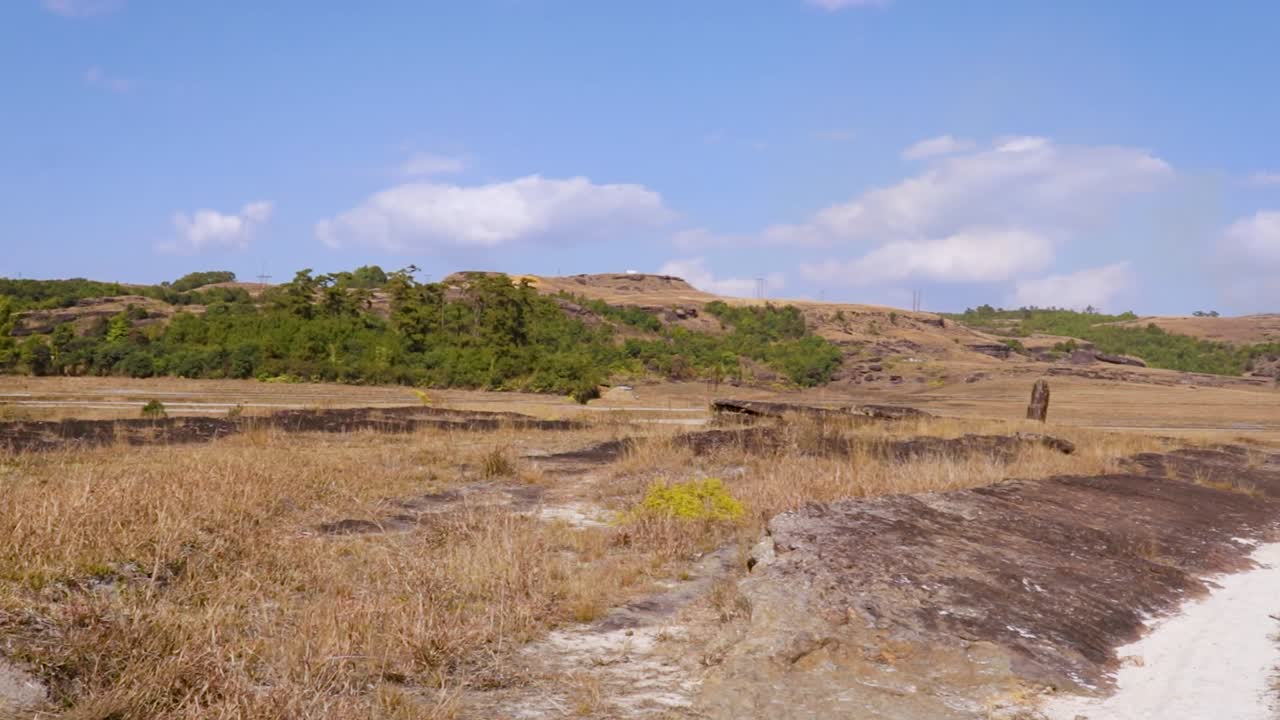 rumput kuning pegunungan pedesaan dengan langit biru cerah di siang hari