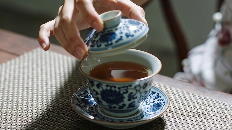Reaching hand wearing floral blouse lifting blue-white gaiwan lid on wood table, showing amber tea