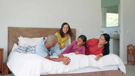 bedroom, relax family and happy kids playing