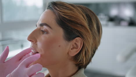 woman patient consulted cosmetologist before clinic beauty procedure close up.