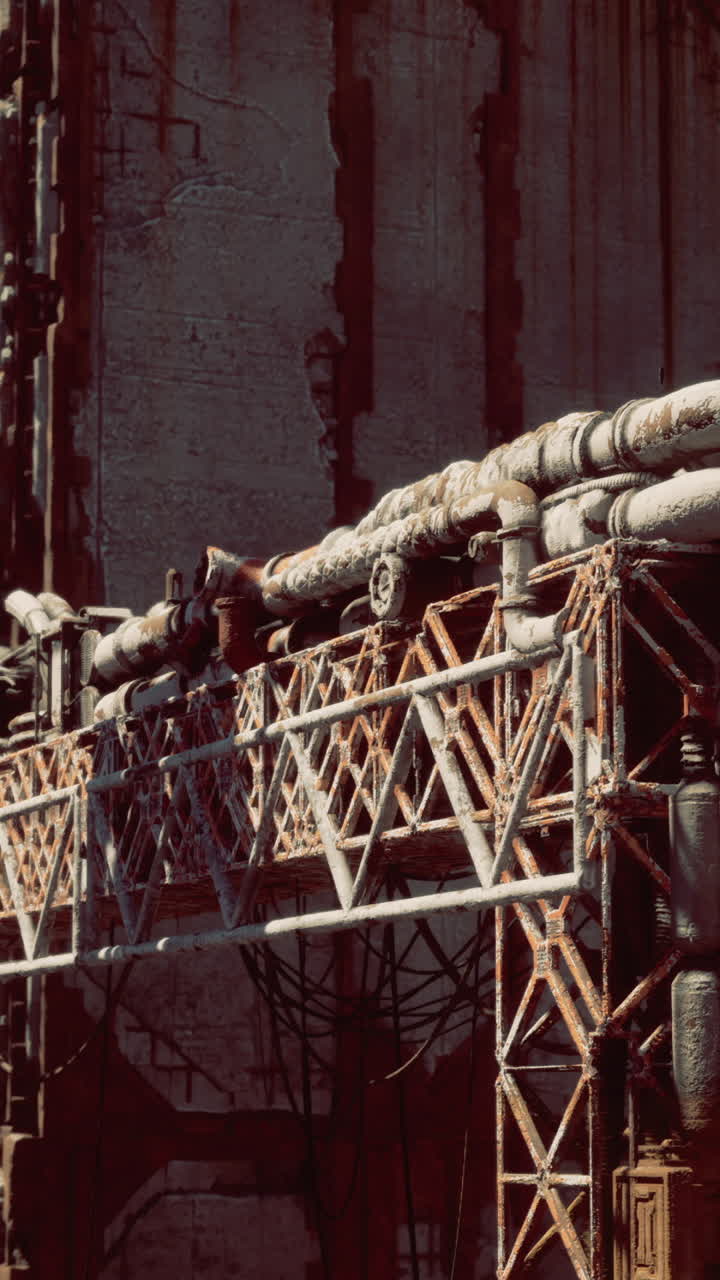 Urban industrial structure with pipes and scaffolding in a sunny setting
