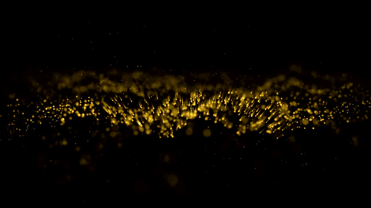 4K motion abstract of particles gold dust with stars on black background. background gold movement, seamless loop
