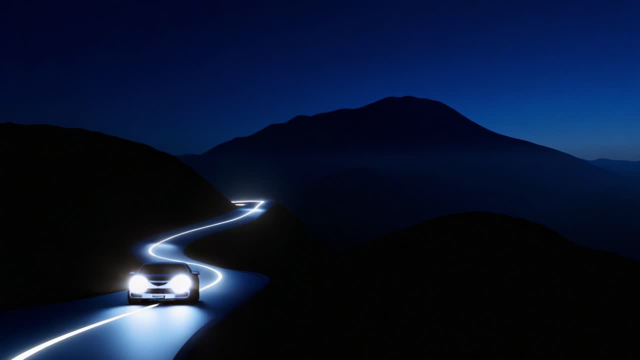 A Serene Night Drive: Exploring the Enchanting Beauty of a Winding Road Under the Stars, Illuminated by a Car's Headlights, with a Majestic Mountain Silhouette in the Background