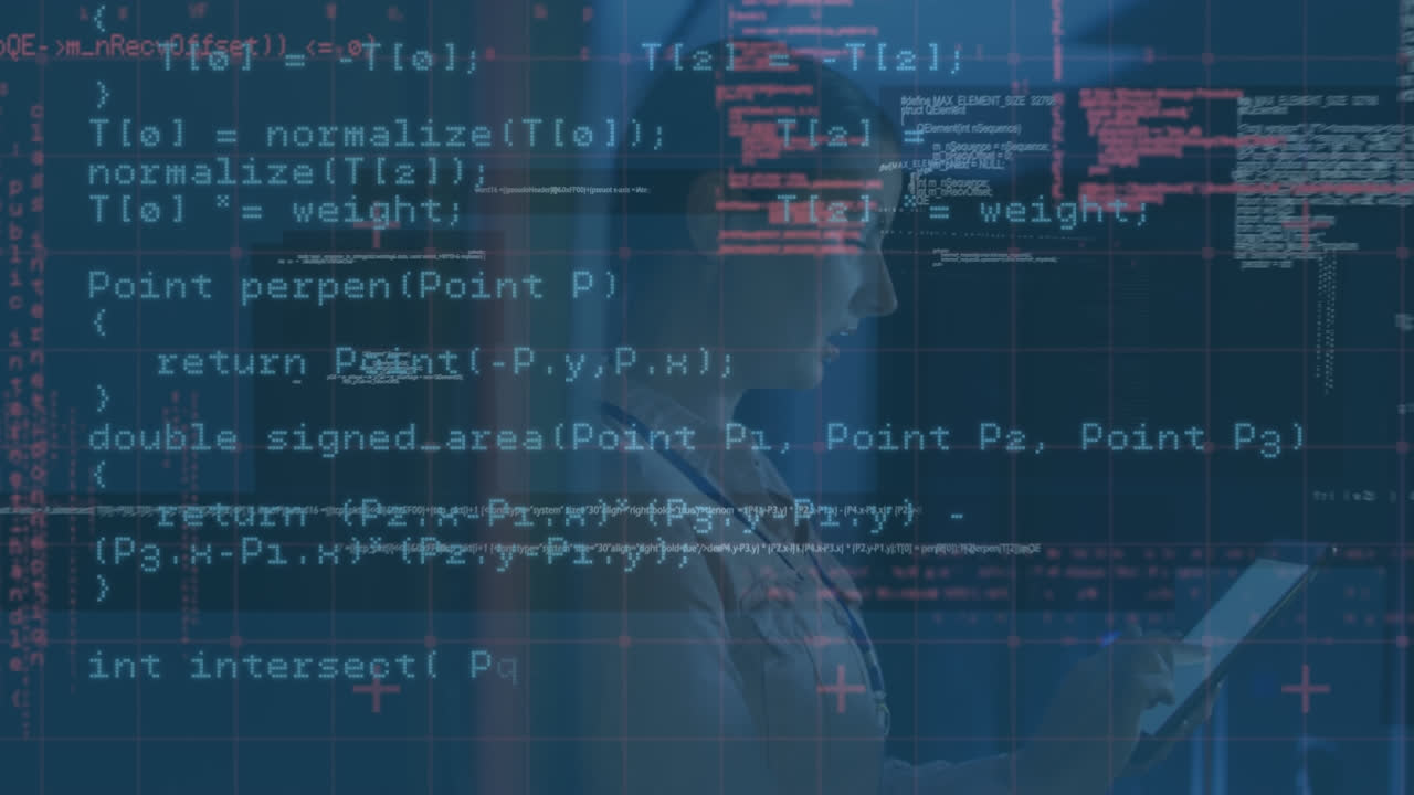 Animation of data processing over caucasian woman in server room