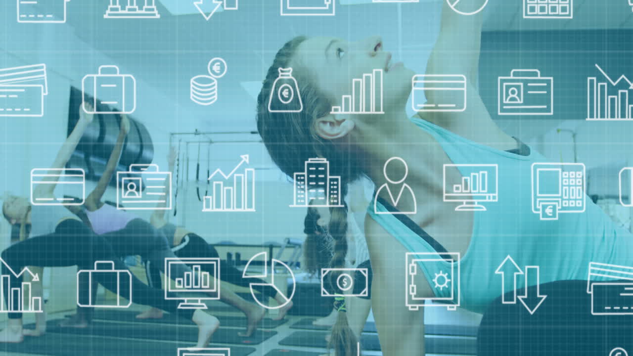 다양한 인스트럭터가 스튜디오에서 여성들에게 요가를 가르치는 컴퓨터 아이콘의 애니메이션