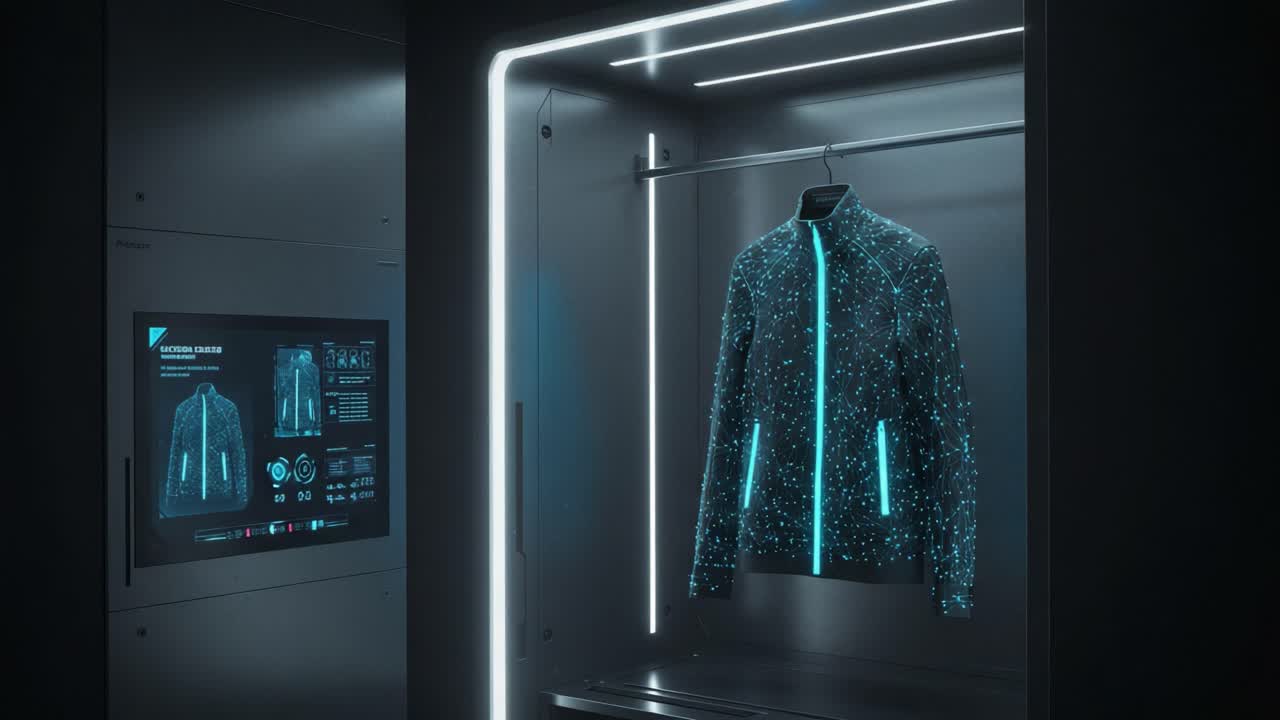 A futuristic jacket displayed in a sleek, illuminated smart wardrobe, showcasing its unique design and technology integration for enhanced visual experience and style