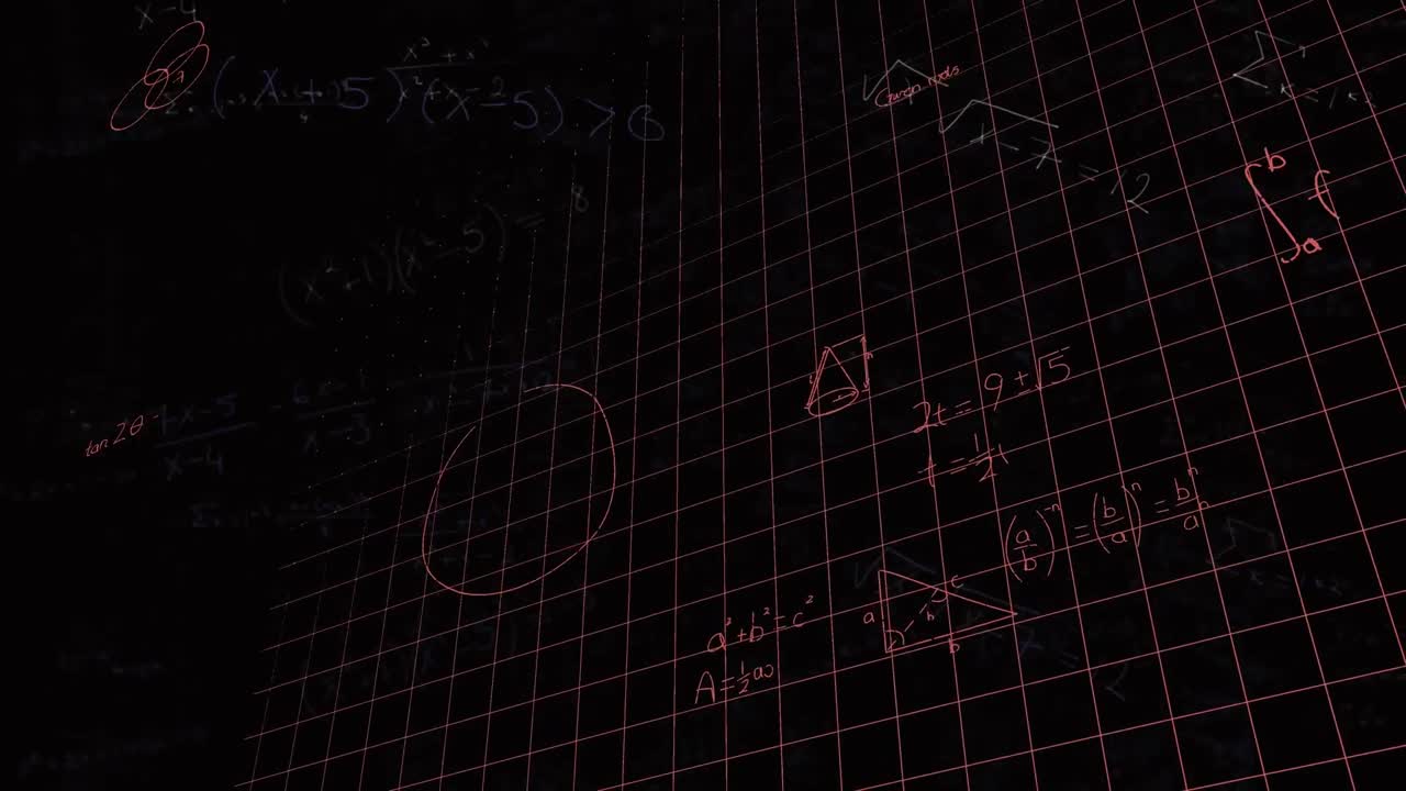 Animation of mathematical equations and formulas floating over grid network against black background