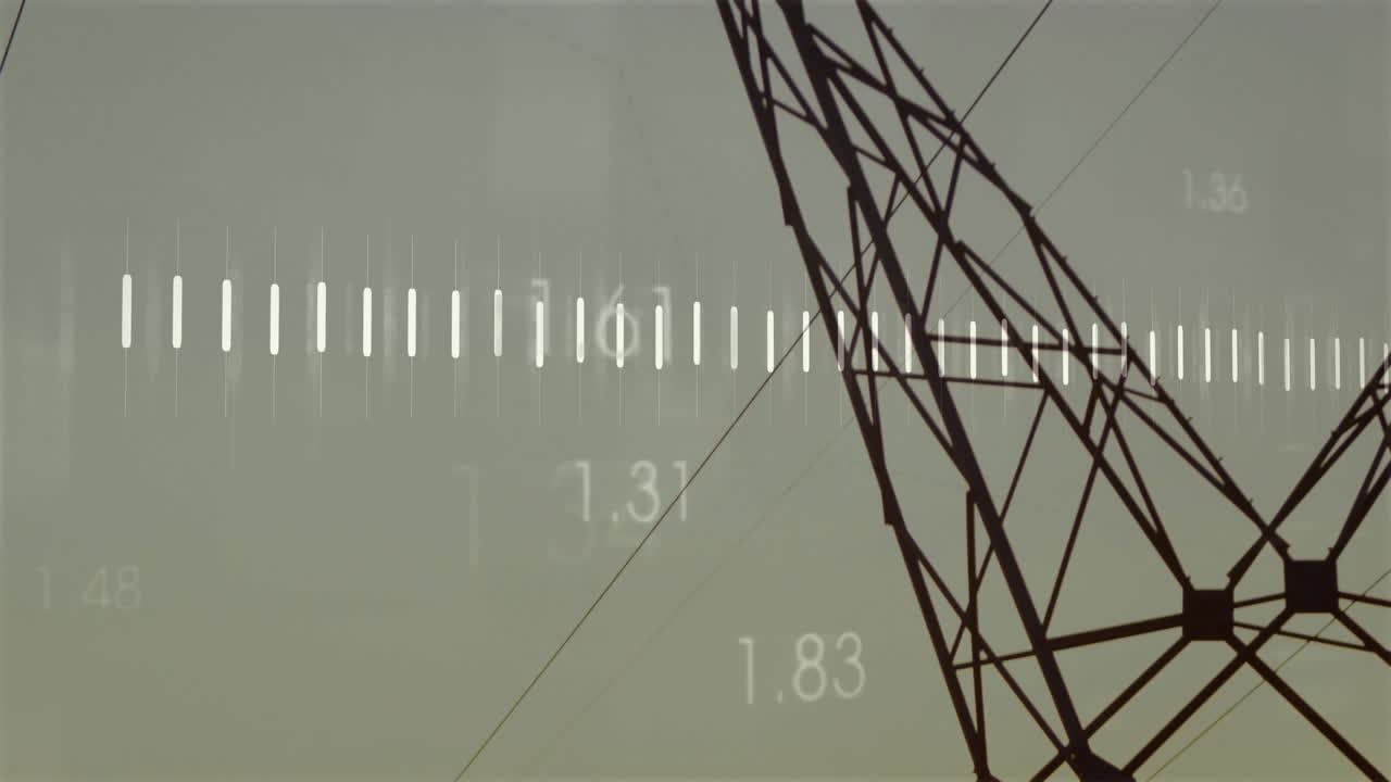 Animation of transmission tower with numerical data overlay against cloudy sky
