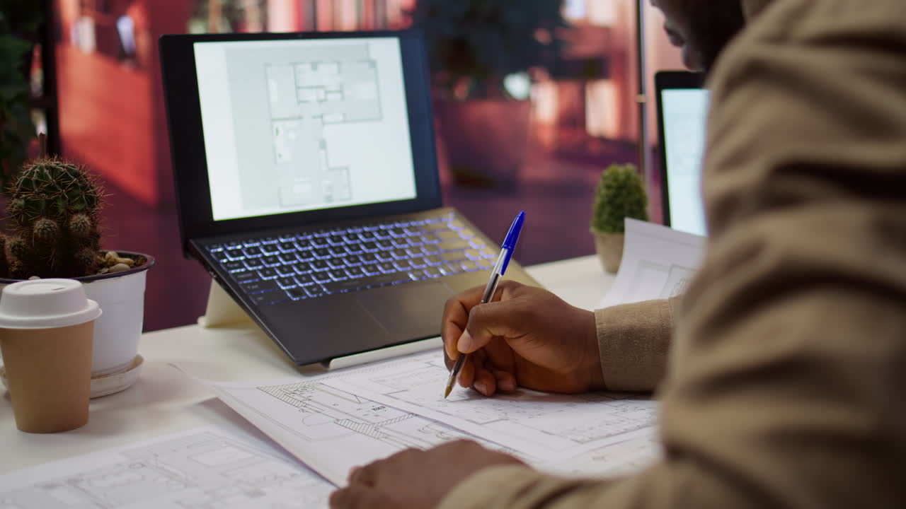 Corporate owner measuring and evaluating office blueprints and sketches