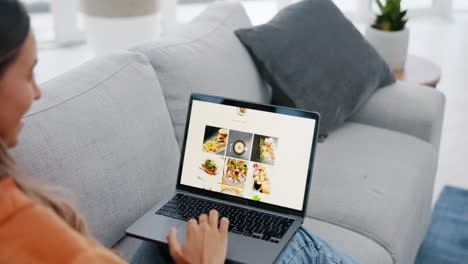mujer, portátil y sitio web de compras de alimentos en línea