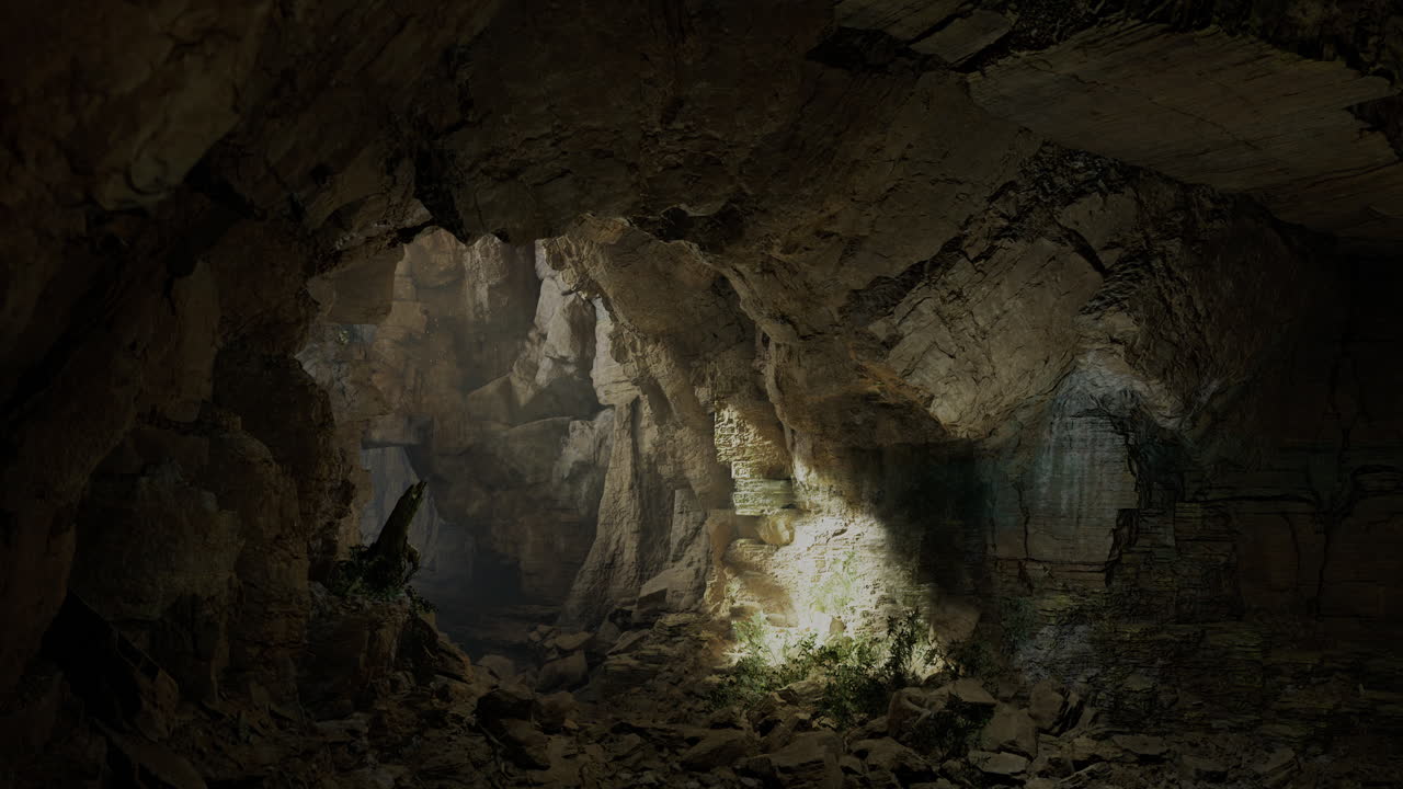 Exploration of mysterious cavern with dramatic lighting and textures