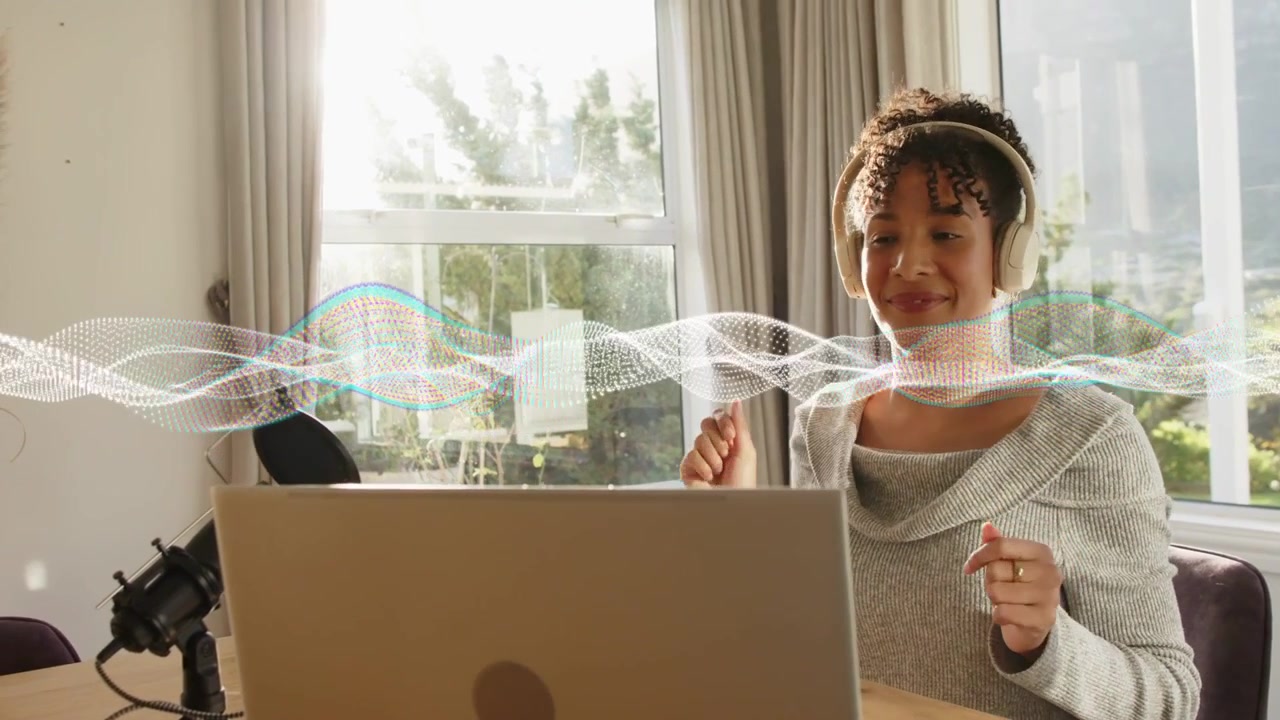 Woman creator tapping laptop touchpad, starting playback for monitoring audio, waveform pulsing