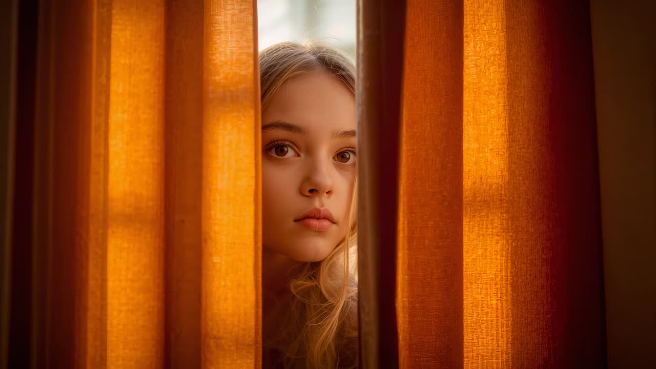 Peeking girl prompted by narrow curtain gap, tilting head, shifting gaze at window, orange curtains
