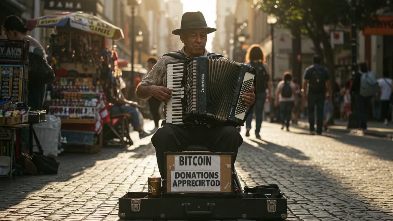 An Accordion Musician Entertains Passersby in a Bustling Street, Highlighting the Intersection of Art and Digital Currency with a Donation Box for Bitcoin Appreciation