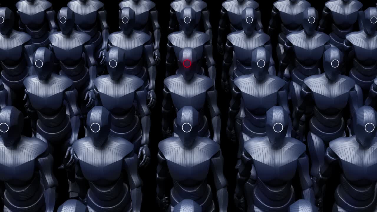 un grupo de robots guerreros de alta tecnología de metal caminando lentamente.