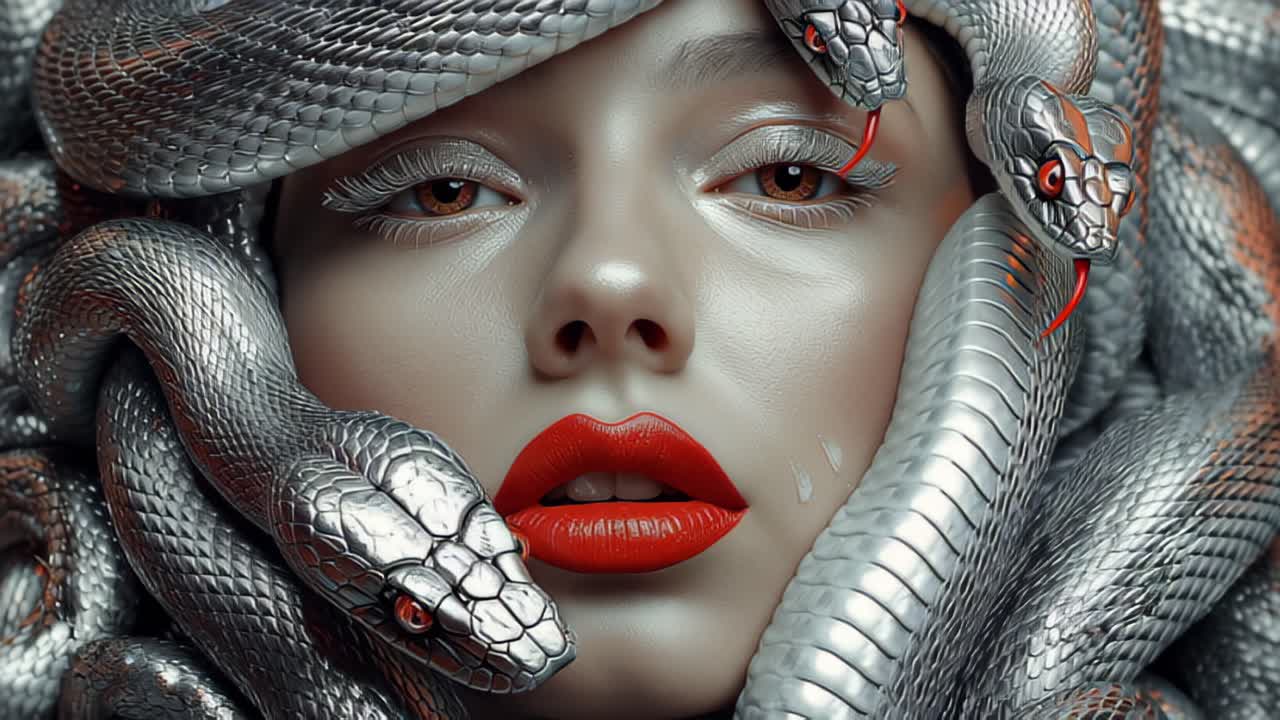 Primo piano cinematografico di una donna con gli occhi chiusi, circondata da serpenti d'argento attorcigliati e lingue rosse, concetto di bellezza drammatica con pericolo, fantasia e mitologia.
