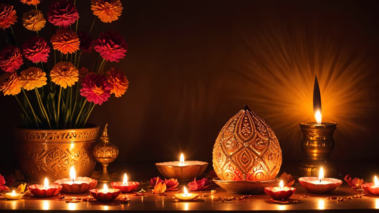 celebración de diwali con velas y decoraciones