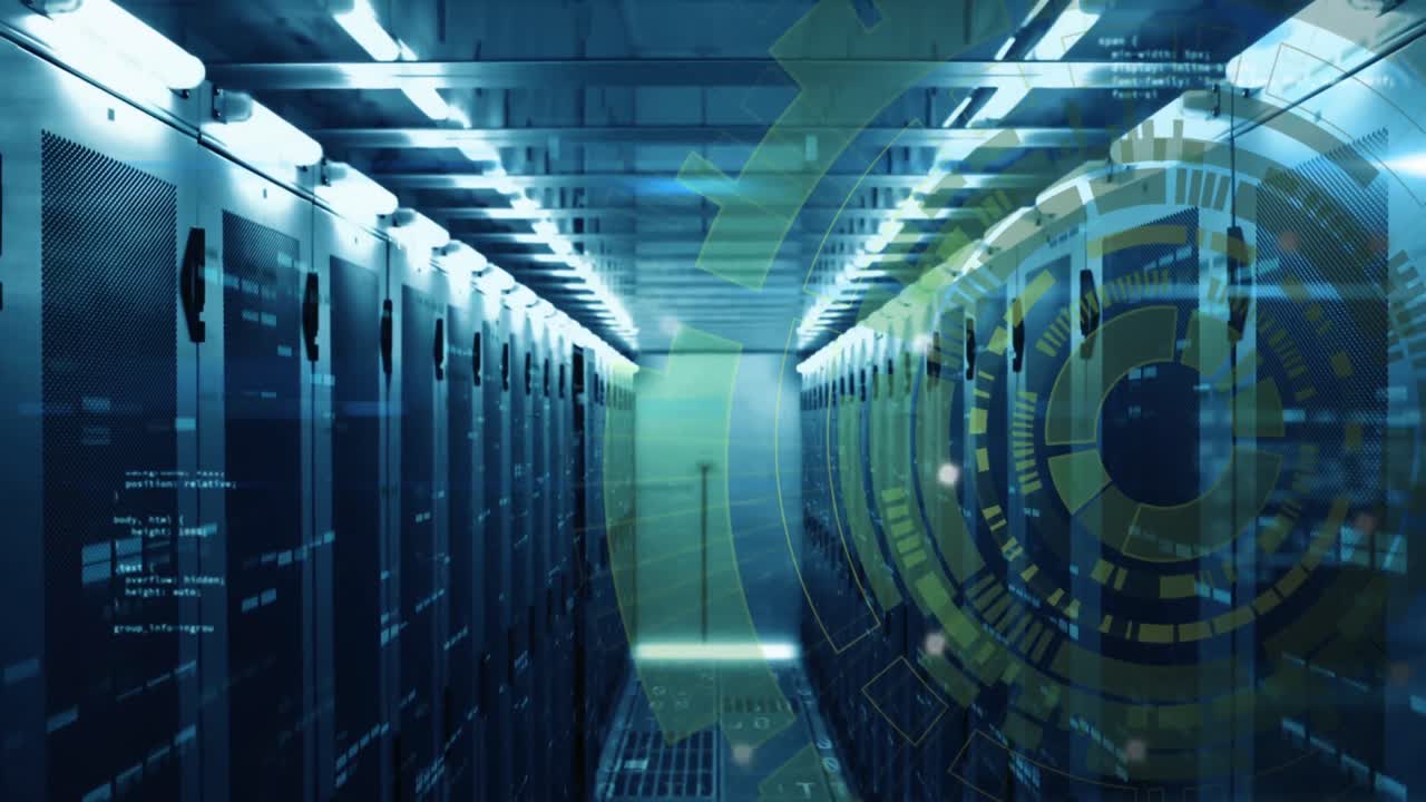 animación de círculos de carga y lenguaje informático sobre la sala del servidor de datos